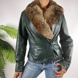 Vintage 70s Green Leather Fitted Jacket Fur Collar Womens Medium Indie Grunge